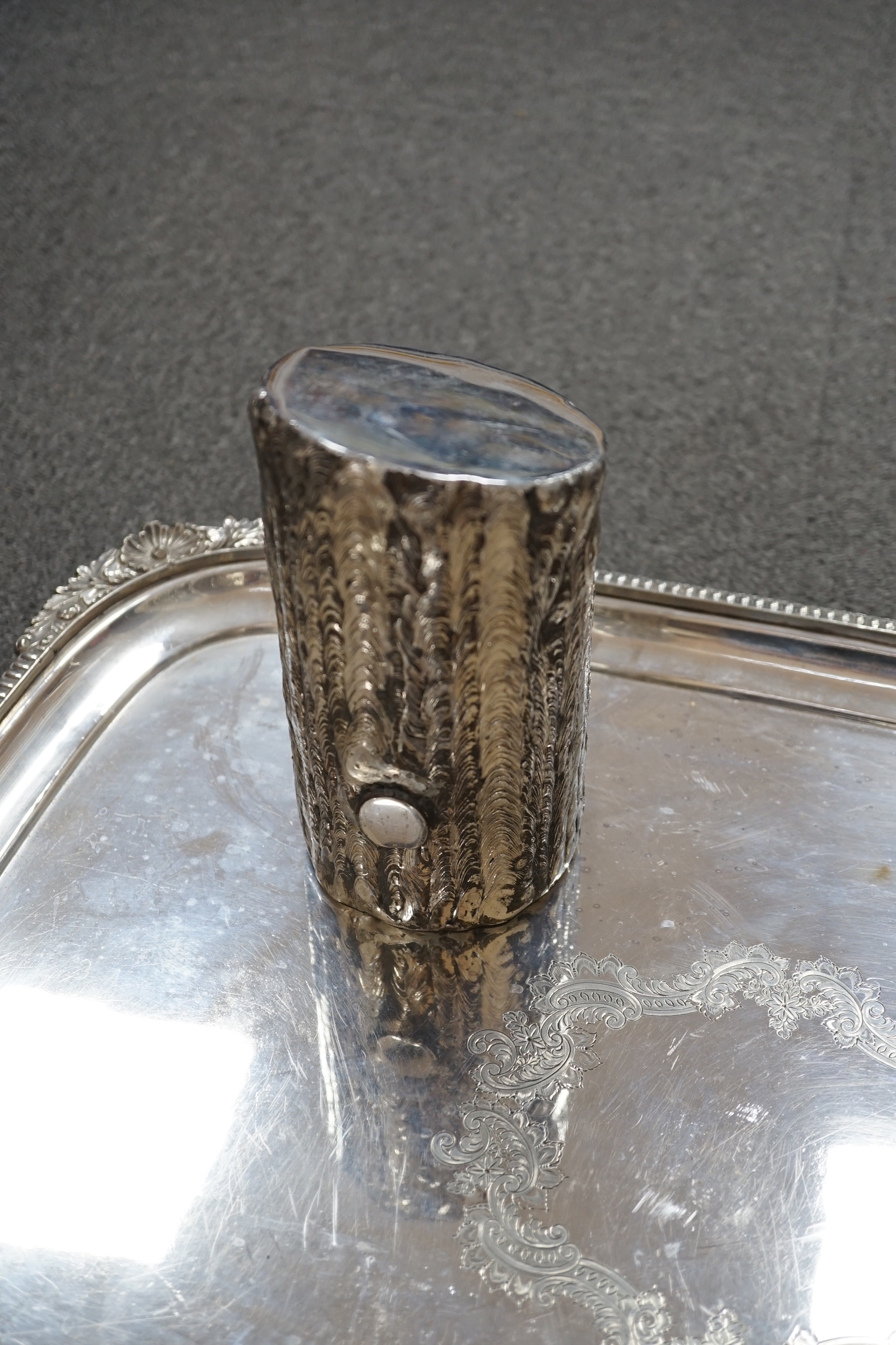 A Walker and Hall silver plated tray and a ‘tree trunk’ paperweight, tray length 72cm